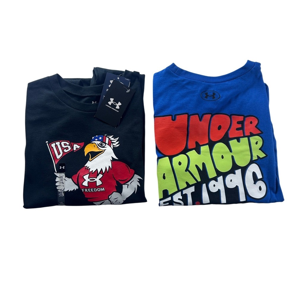 Under Armour Boys T-Shirt Set Graphic Shirts Blue‎ Black Size YL New LOT OF 2